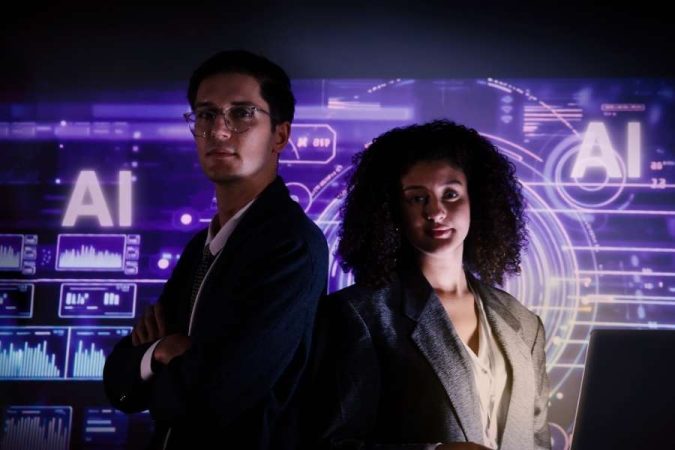 Un homme et une femme en tenue professionnelle posant devant un écran géant affichant des graphiques de données et le texte IA.