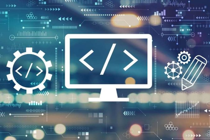 Une illustration numérique d'un écran d'ordinateur affichant des symboles de code informatique sur un fond technologique abstrait.